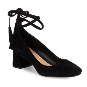 Saks Fifth Avenue Black Suede Heel tassel ankle ties women size 7.5
